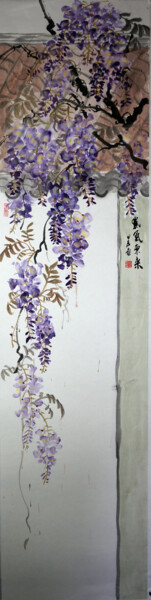 Painting titled "条幅 紫藤出墙来" by Yan Zi007, Original Artwork, Ink