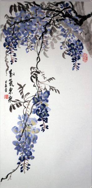 Pittura intitolato "紫藤 紫气东来二" da Yan Zi007, Opera d'arte originale, Inchiostro