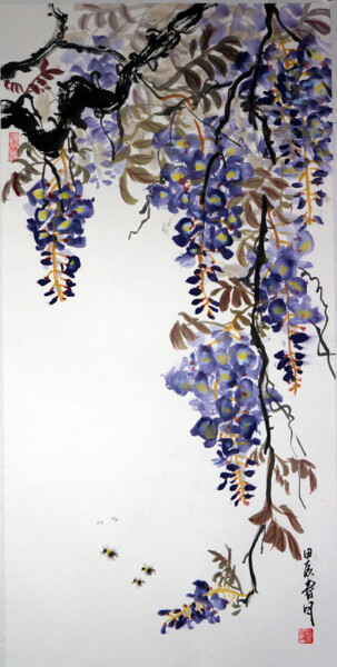 Painting titled "紫藤 蜜蜂" by Yan Zi007, Original Artwork, Ink