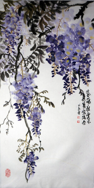 Peinture intitulée "紫藤挂云彩" par Yan Zi007, Œuvre d'art originale, Encre