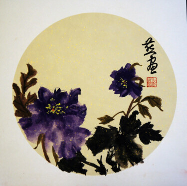 Painting titled "蓝牡丹 斗方（优惠）" by Yan Zi007, Original Artwork, Ink