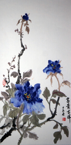 Schilderij getiteld "富贵吉祥蓝牡丹五" door Yan Zi007, Origineel Kunstwerk, Inkt