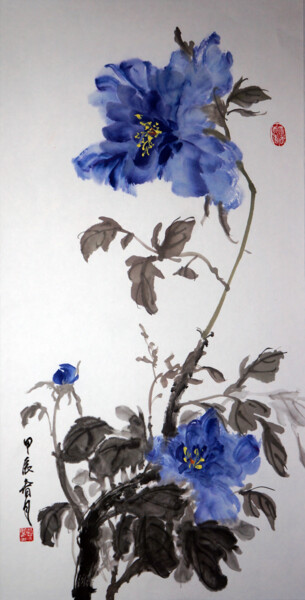 Ζωγραφική με τίτλο "大蓝牡丹六" από 燕紫007, Αυθεντικά έργα τέχνης, Μελάνι