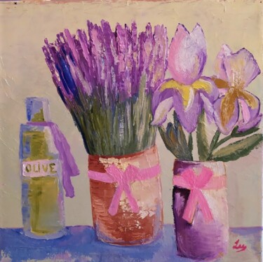 Provence: Lavender, irises and olive oil painting in impasto Painting titled "Provence: Lavender,…" by Yana Lee, Original Art, Oil