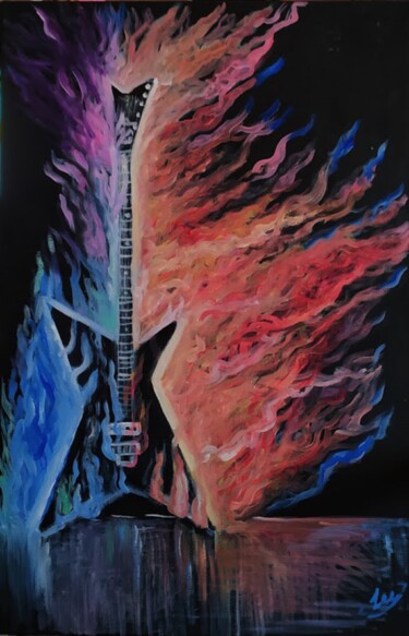 Flaming guitar oil painting wall art on black canvas Painting titled "Flaming guitar oil…" by Yana Lee, Original Art, Oil