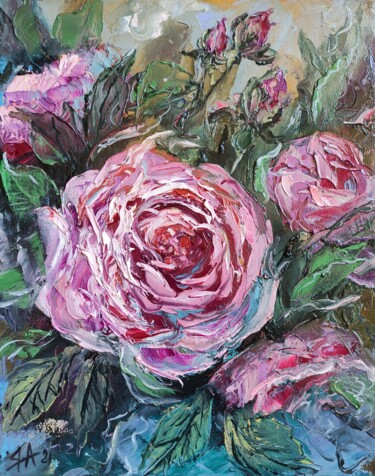 Painting titled "Original Floral Oil…" by Yana Anemona, Original Artwork, Oil Mounted on Wood Stretcher frame