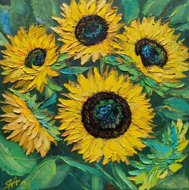 Картина под названием "Sunflowers Impasto…" - Yana Anemona, Подлинное произведение искусства, Масло Установлен на Деревянная…