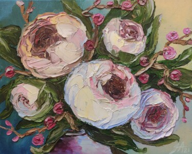 Painting titled "Peony Floral Impast…" by Yana Anemona, Original Artwork, Oil Mounted on Wood Stretcher frame