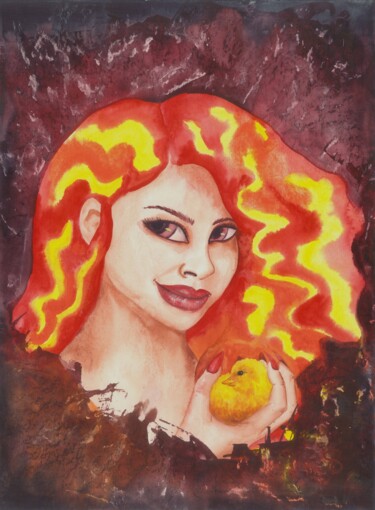 Painting titled "Girl with fiery hair" by Yana Bila, Original Artwork, Watercolor