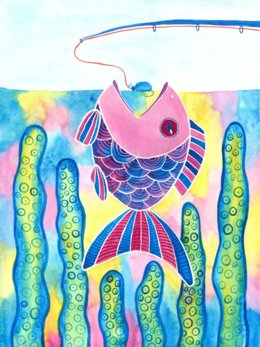 Malerei mit dem Titel "Fishing for peacefu…" von Yana Bila, Original-Kunstwerk, Aquarell