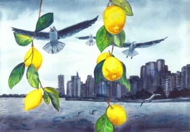 Peinture intitulée "Lemons and the Sea" par Yana Bila, Œuvre d'art originale, Aquarelle