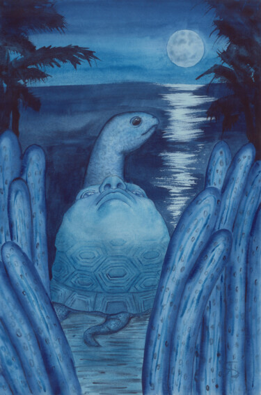 Картина под названием "Night Turtle" - Yana Bila, Подлинное произведение искусства, Акварель