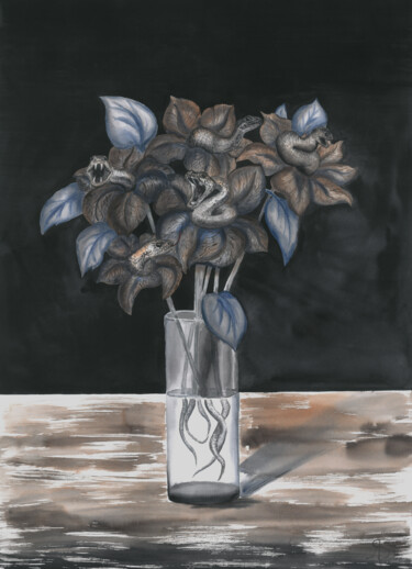 Pintura intitulada "Vase with exotic fl…" por Yana Bila, Obras de arte originais, Aquarela