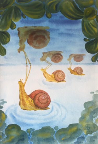 Painting titled "Snails on the lake" by Yana Bila, Original Artwork, Watercolor