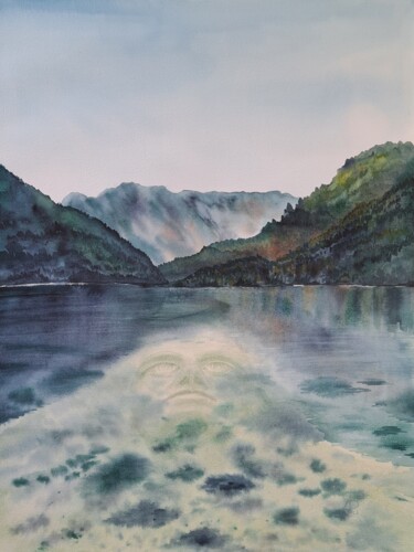 Malerei mit dem Titel "Mysterious lake in…" von Yana Bila, Original-Kunstwerk, Aquarell