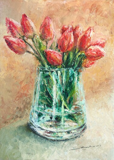 Painting titled "Still life "Tulips"" by Yana Dulger, Original Artwork, Oil Mounted on Wood Stretcher frame