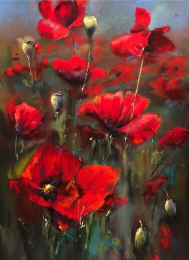 Malerei mit dem Titel "Red Poppies" von Yana Ivannikova, Original-Kunstwerk, Pastell