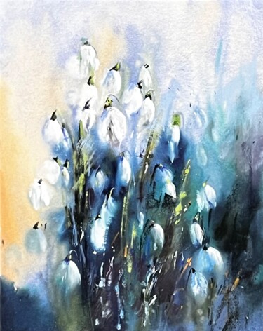 Malerei mit dem Titel "Snowdrops Flowers" von Yana Ivannikova, Original-Kunstwerk, Aquarell