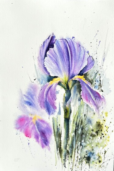 Peinture intitulée "Iris Flowers" par Yana Ivannikova, Œuvre d'art originale, Aquarelle