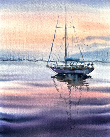 Painting titled "Boat at the Sunset" by Yana Ivannikova, Original Artwork, Watercolor