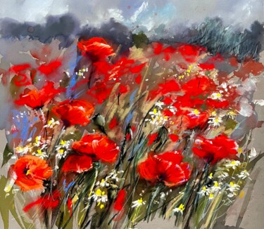 Malerei mit dem Titel "Red Poppies en Plei…" von Yana Ivannikova, Original-Kunstwerk, Aquarell