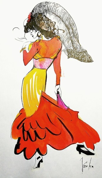 Рисунок под названием "Flamenko girl" - Yana Sol, Подлинное произведение искусства, Чернила