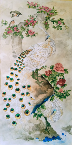 Painting titled "White peacocks" by Yana Koretska, Original Artwork, Watercolor