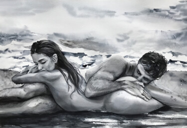 Painting titled "On the beach" by Yana Salnikova, Original Artwork, Watercolor