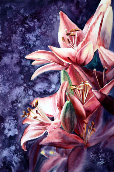 绘画 标题为“Lily Flowers in Wat…” 由Yana Shvets, 原创艺术品, 水彩