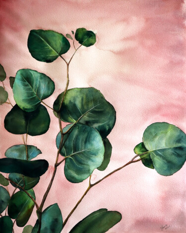 Pintura intitulada "Green Eucalyptus Le…" por Yana Shvets, Obras de arte originais, Aquarela