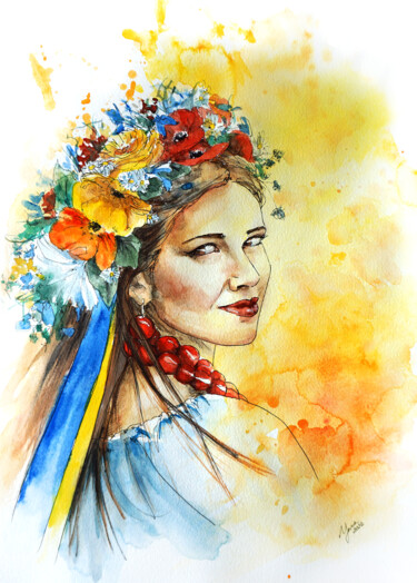 Painting titled "Ukrainian Woman Por…" by Yana Shvets, Original Artwork, Watercolor