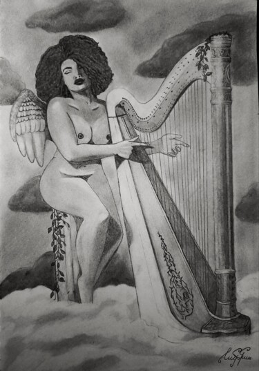 Drawing titled "The Divine Harp" by Yana Sidorenko, Original Artwork, Pencil