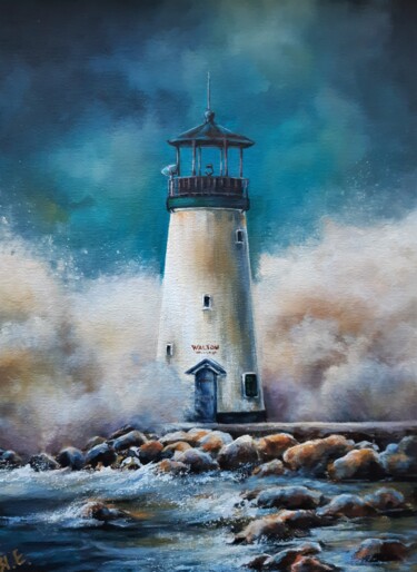 Painting titled ""LIGHTHOUSE SANTA C…" by Yana Yeremenko, Original Artwork, Acrylic