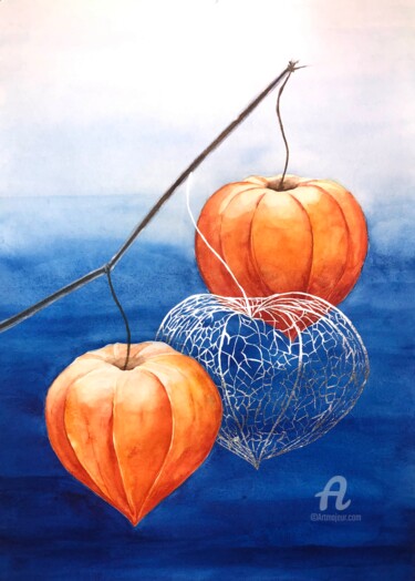 Peinture intitulée "Physalis flowers on…" par Yana Yushkova, Œuvre d'art originale, Aquarelle