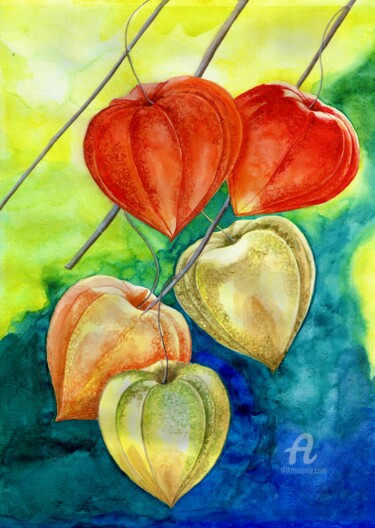 Pintura intitulada "Physalis flowers on…" por Yana Yushkova, Obras de arte originais, Aquarela