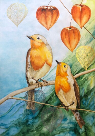 Pittura intitolato "Robin bird with phy…" da Yana Yushkova, Opera d'arte originale, Acquarello