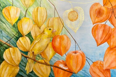 Painting titled "Canary in physalis" by Yana Yushkova, Original Artwork, Watercolor