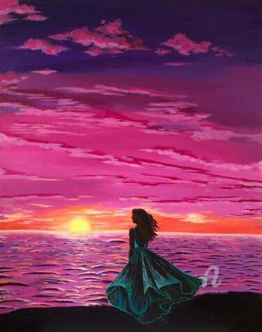 Painting titled "Pink sunset" by Yana Yushkova, Original Artwork, Acrylic