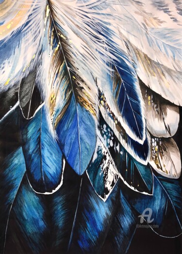 绘画 标题为“Blue feathers” 由Yana Yushkova, 原创艺术品, 水彩