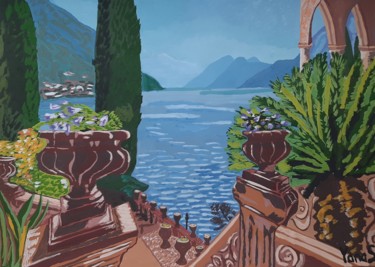 Lake embankment with flower vases Malarstwo zatytułowany „Lake embankment wit…” autorstwa Yanasarttreasures, Oryginalna praca, Gwasz