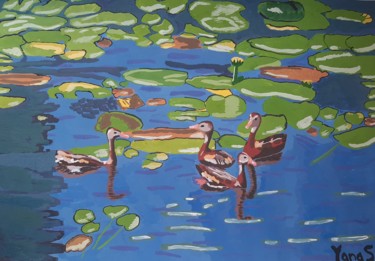 Painting titled "Ducks in pond with…" by Yanasarttreasures, Original Artwork, Gouache