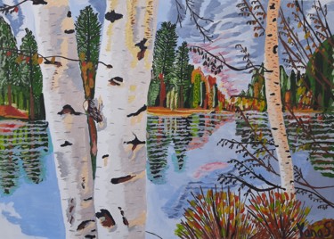 Paysage russe d'autumne/ Russian landscape with birches Картина под названием "Paysage russe d'aut…" - Yanasarttreasures, Подлинное произведение искусства, Гуашь