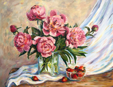 Painting titled "Spring peonies" by Yana Shapoval, Original Artwork, Oil