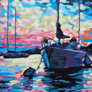 Картина под названием "Sunset boats" - Yana Shapoval, Подлинное произведение искусства, Акрил