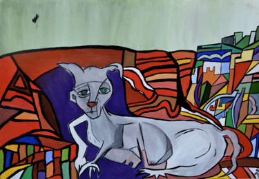 Painting titled "Le chat" by Yanka, Original Artwork, Gouache Mounted on Wood Stretcher frame