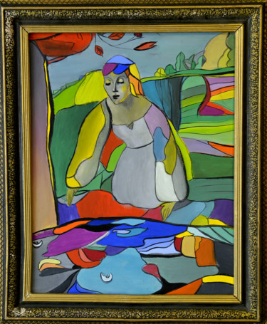Painting titled "fille au bord du lac" by Yanka, Original Artwork, Gouache