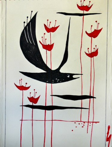 Ζωγραφική με τίτλο "Bird and flowers" από Yanka, Αυθεντικά έργα τέχνης, Μαρκαδόρος