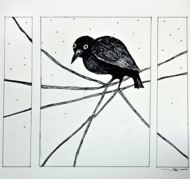 Drawing titled "bird on the branch" by Yanka, Original Artwork, Ink