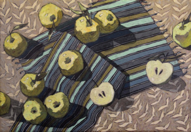 Painting titled "APPLES ON A STRIPED…" by Leonova Natalia, Original Artwork, Acrylic