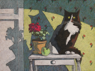 Drawing titled "Cat with Geranium" by Leonova Natalia, Original Artwork, Pastel